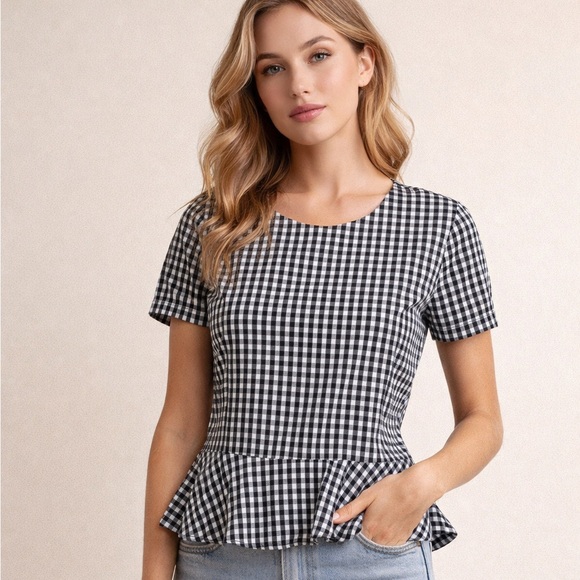 Chevignon Tops - Chevignon Black White Gingham Blouse S Peplum Short Sleeve Cottagecore Preppy